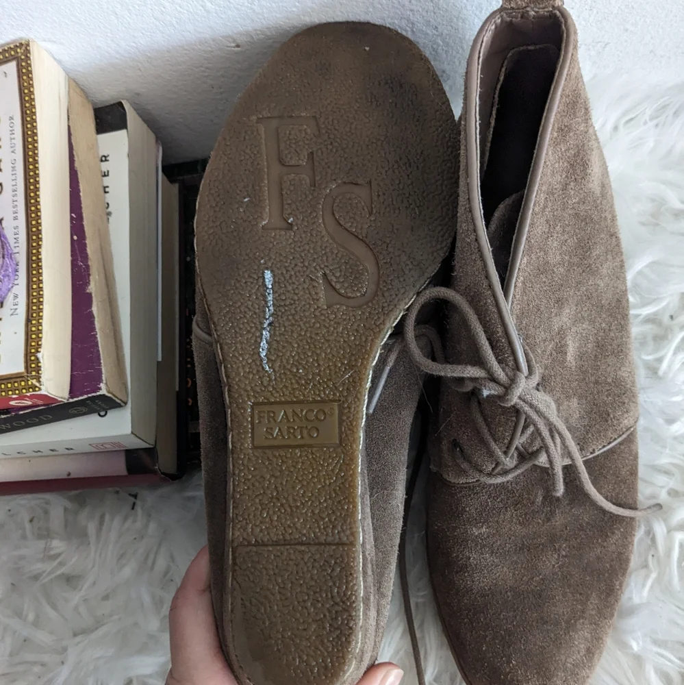 Franco Sarto Taupe Suede Wedge Booties Ankle Boots 7.5 Lace Up Platform